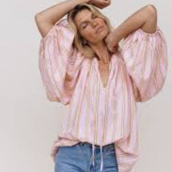 Daughters of India Poet Blouse | Pink Sorbet | Stripes | Boho | VGUC | XL - Picture 1 of 10